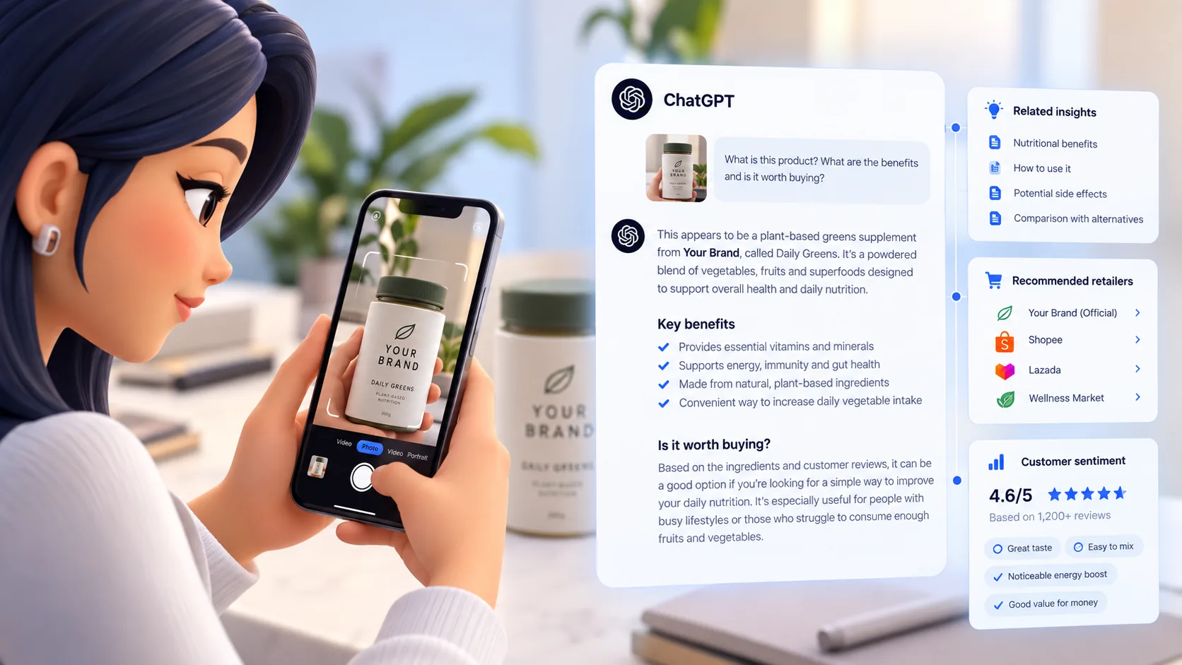 Illustration of a customer photographing a supplement jar and ChatGPT describing the product, its benefits, retailers and customer sentiment