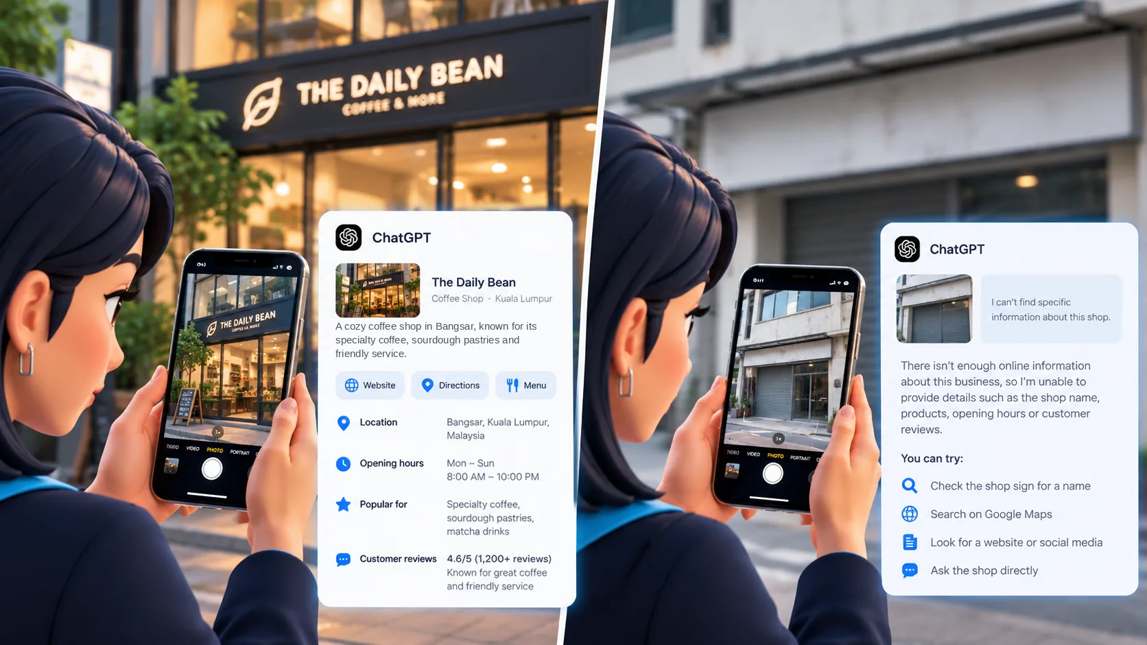 Illustration comparing two storefront photos: ChatGPT gives a full answer for a café with clear online information, and cannot identify a shop with none